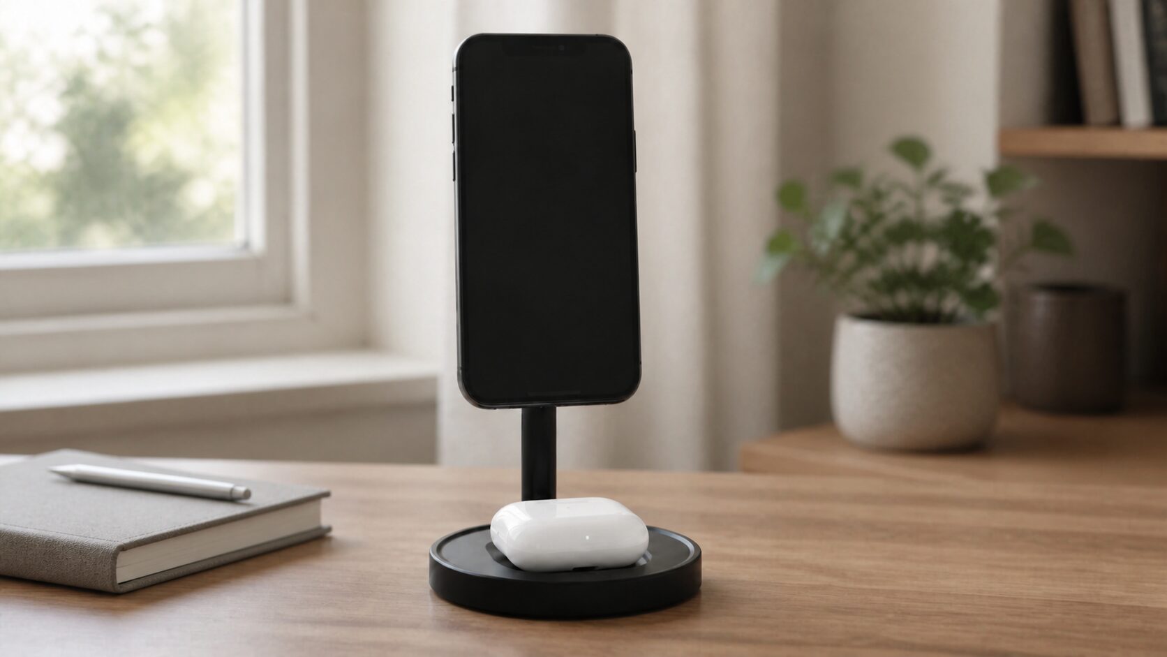 自然な木目デスクに置いた黒い2-in-1ワイヤレス充電スタンドのレビュー用画像