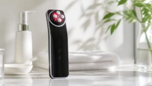 洗面台に置いたBrighte ELEKI LIFT美顔器の自然なレビュー画像